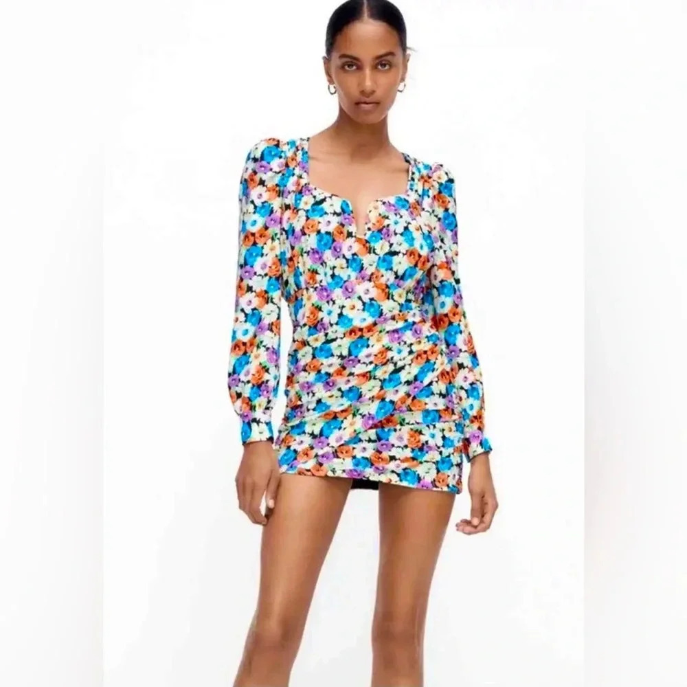 Zara Multicolor Floral Print Ruched Sexy Mini Dress Size US XS